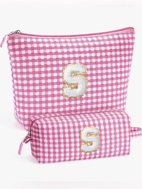 Pink Gingham Cosmetic Pouch Set with 'S' Monogram